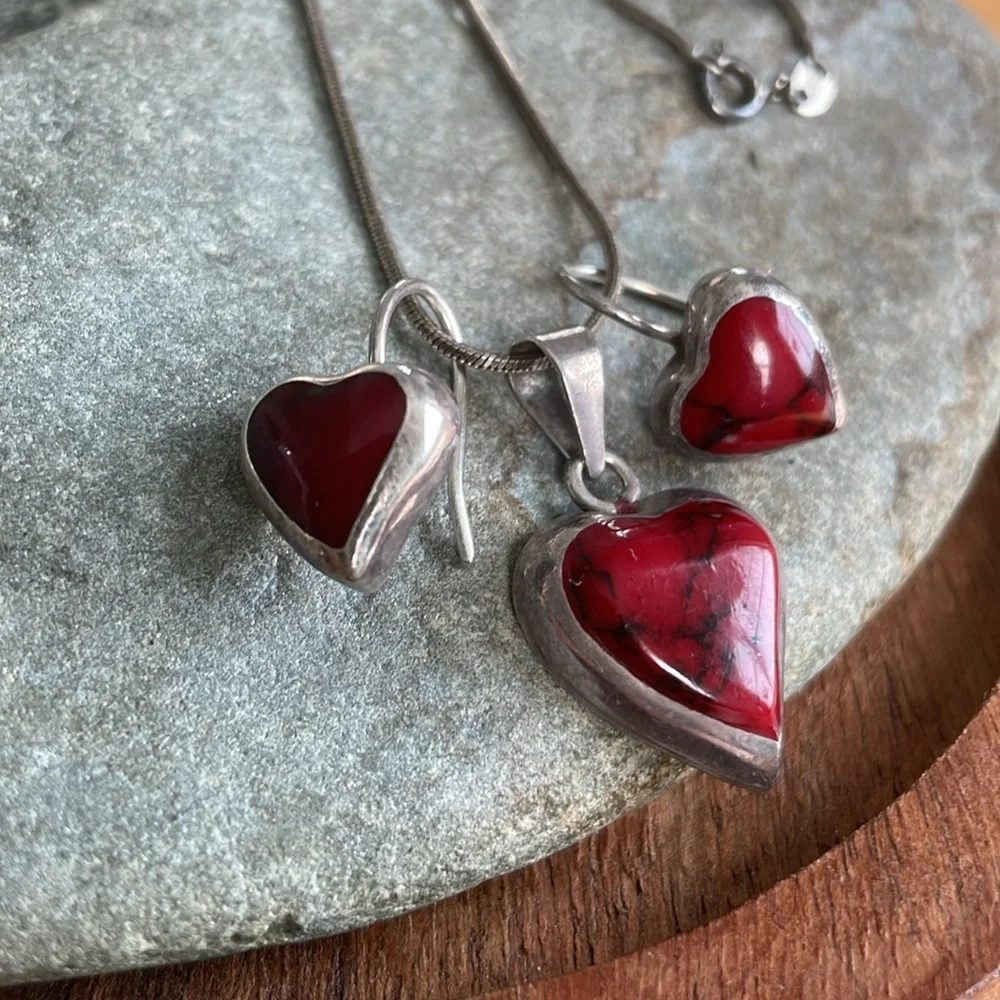 Red Heart Jasper Sterling Earrings and Necklace Mexico - Picture 11 of 12